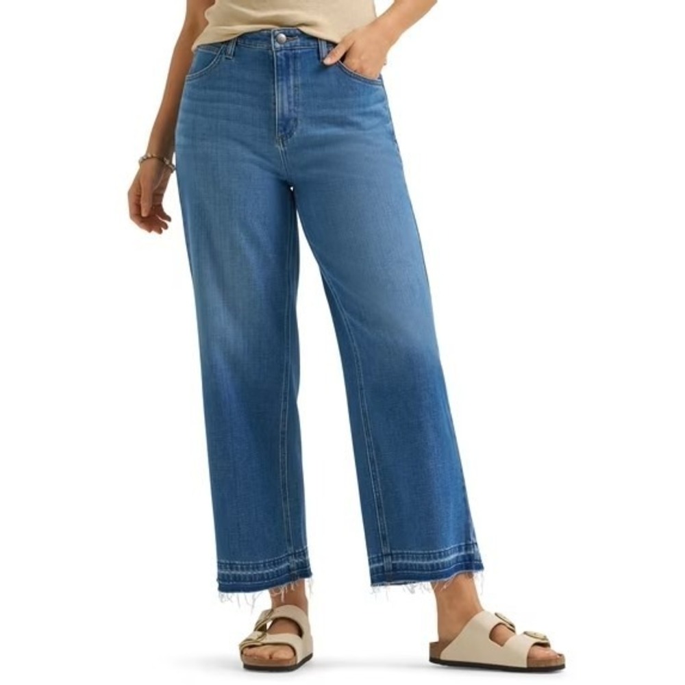 LEE Wide Leg Crop Ankle Jeans Size 2 Chester Blue Raw Hem High Rise Denim NWT